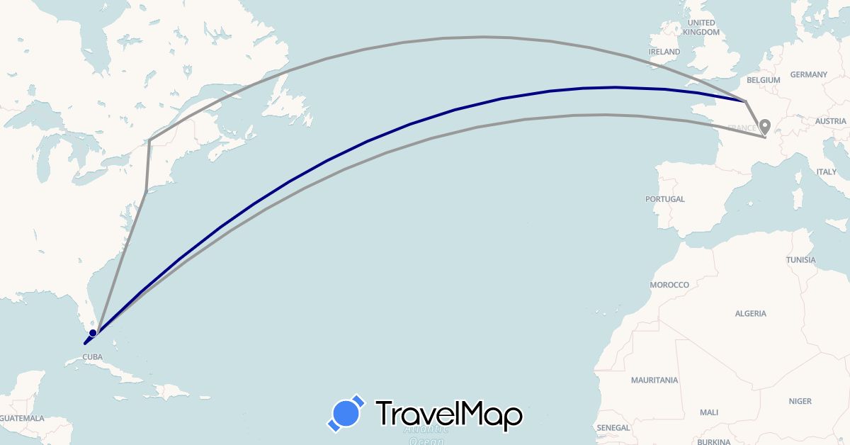 TravelMap itinerary: driving, plane, boat in Canada, France, United States (Europe, North America)